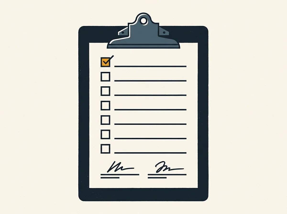 Clipboard with an eight-row checklist, every box checked, and two signed lines at the bottom