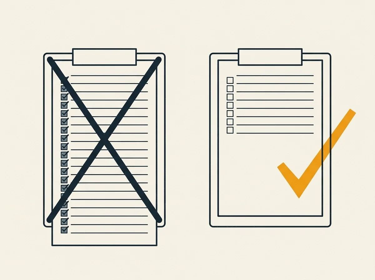 Two clipboards: a long sheet of identical checked lines crossed out, beside a short seven-line sheet marked with a check