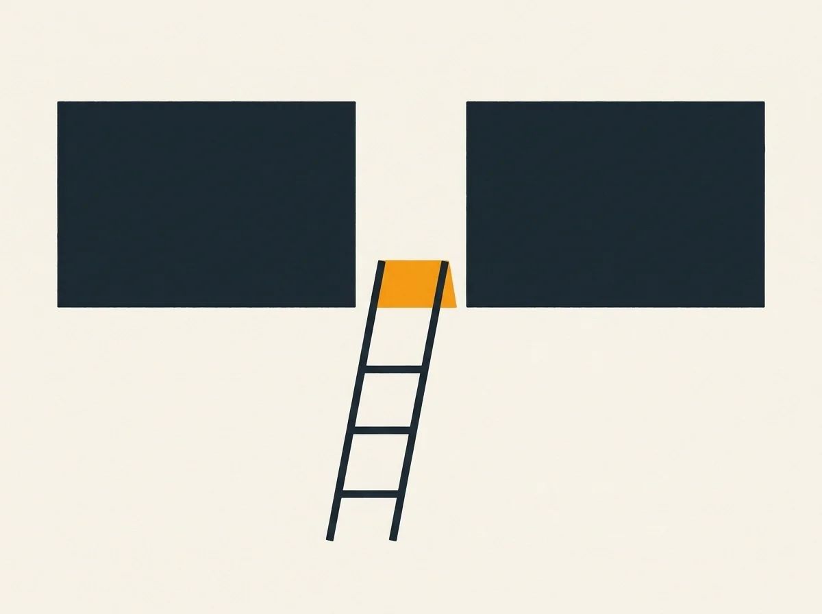 Unoccupied ladder leaning on a wall, its top ending well below the wall's top edge