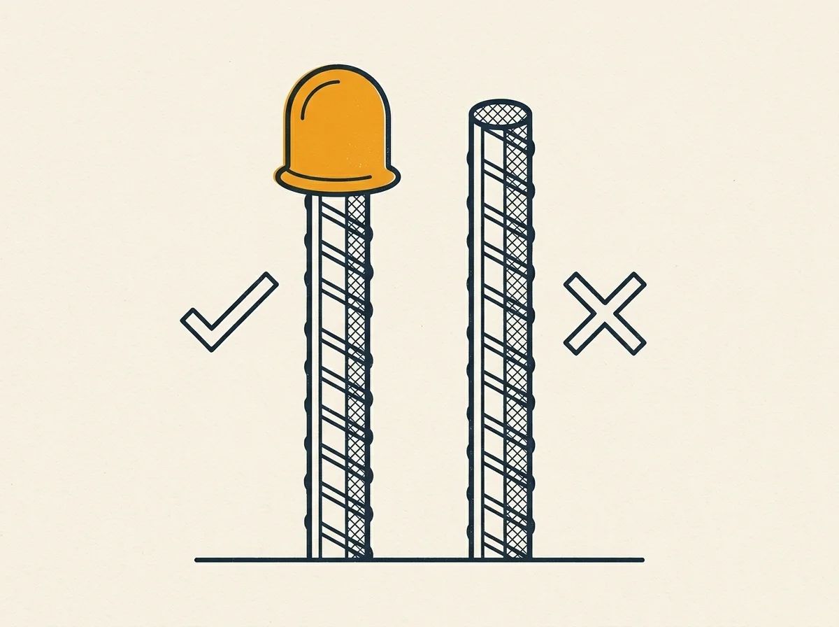 Two rebar sticks side by side: one capped and checked, one bare and crossed