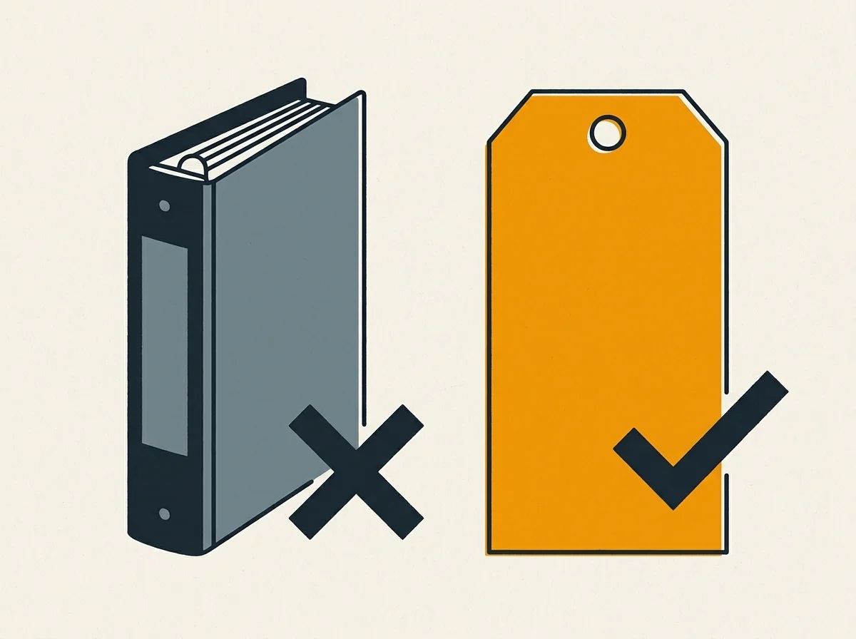 Binder marked with a cross beside a stop-work tag marked with a check